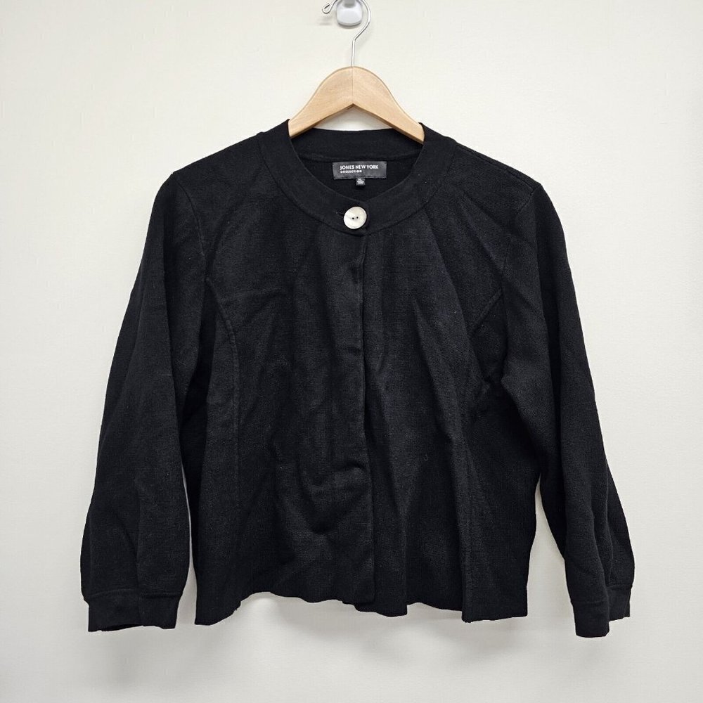 Jones New York Size XL Cropped Cardigan Sweater Thick Knit Black Stretch Office